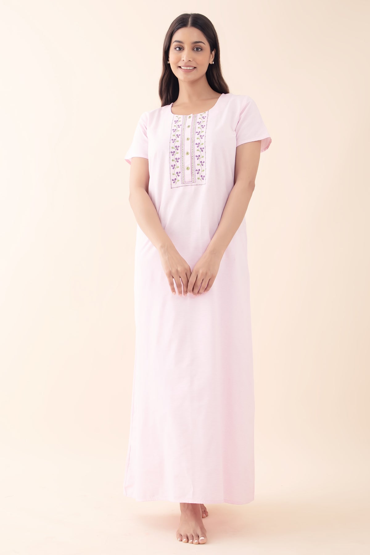 Striped Nighty wtih Embroidered Nighty - Pink