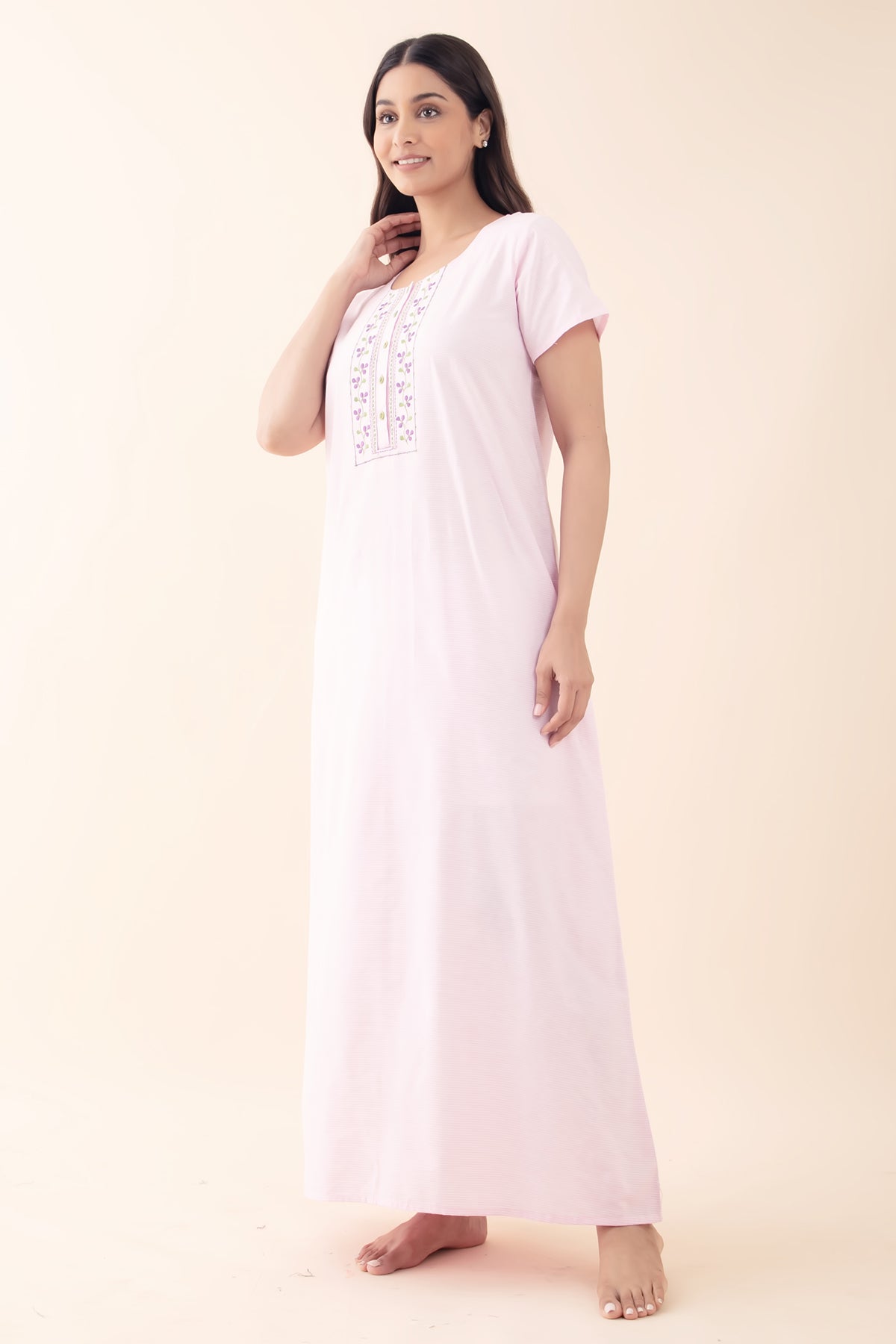 Striped Nighty wtih Embroidered Nighty - Pink