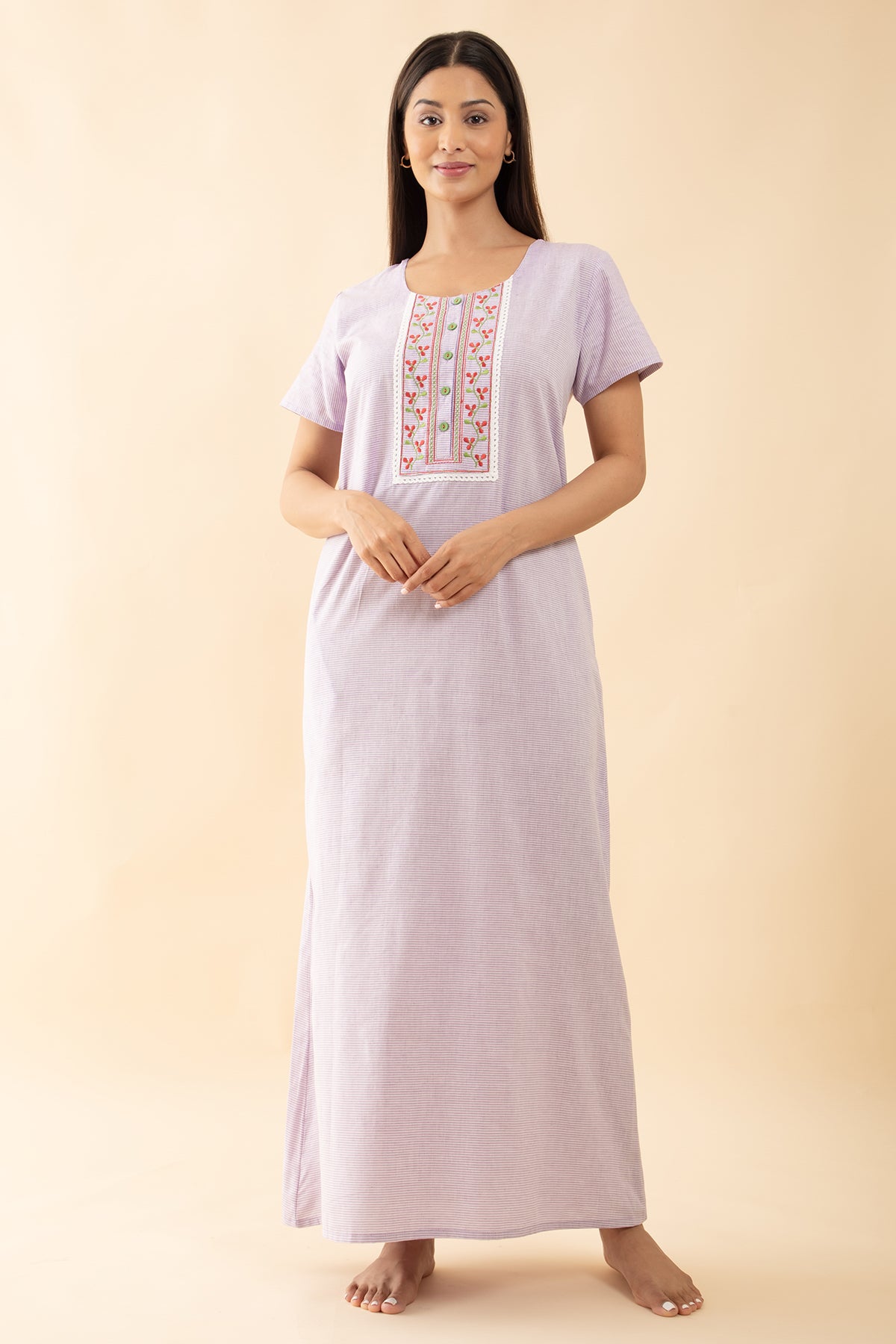 Striped Nighty wtih Embroidered Nighty - Lavendar