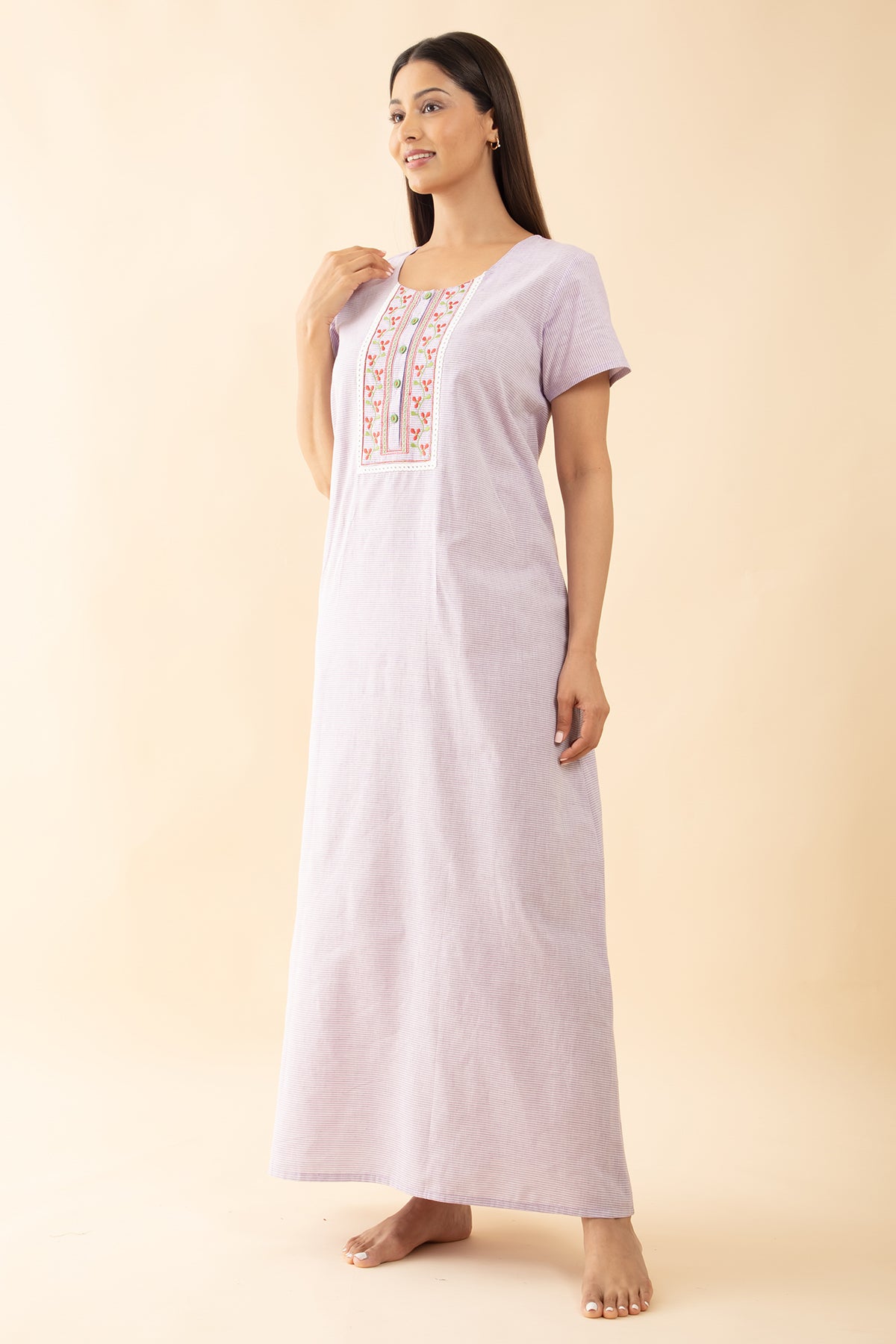 Striped Nighty wtih Embroidered Nighty - Lavendar