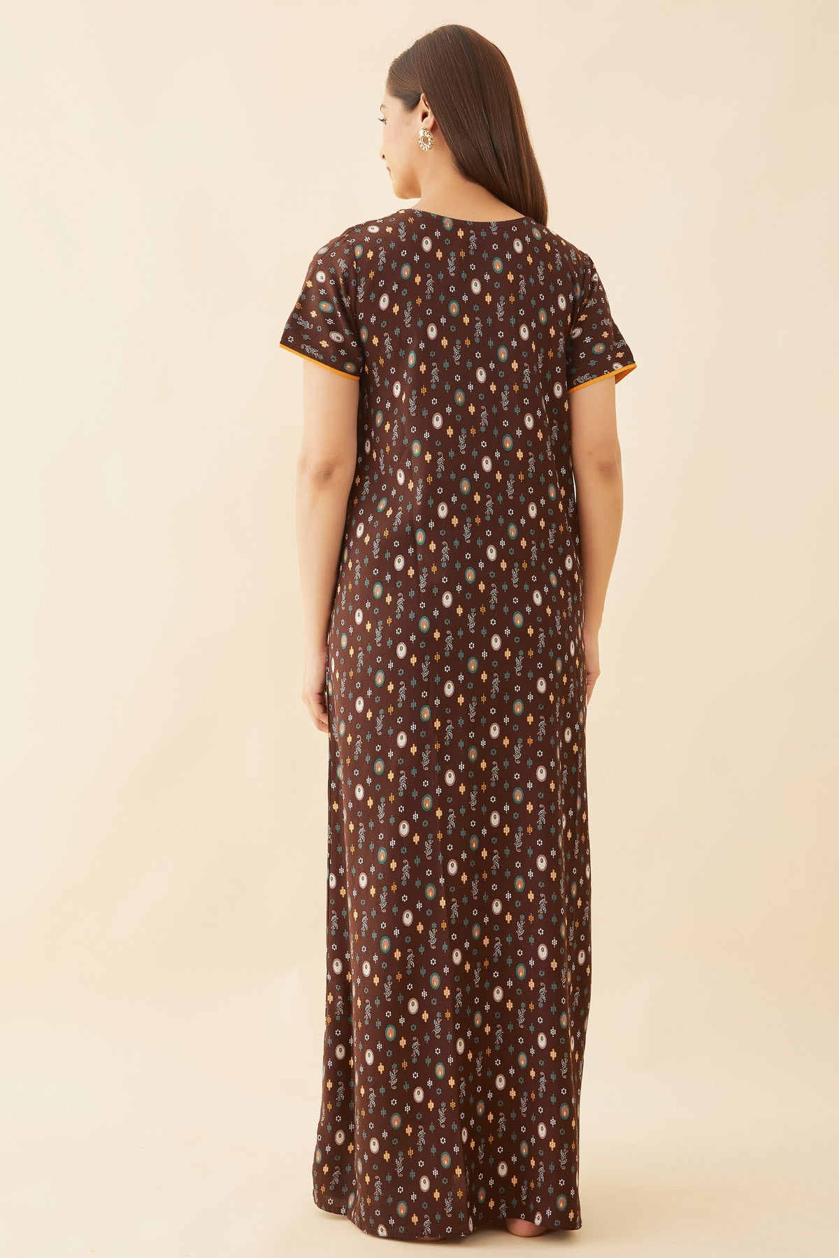 All Over Geometric Print With Contrast Embroidered Yoke Nighty - Brown