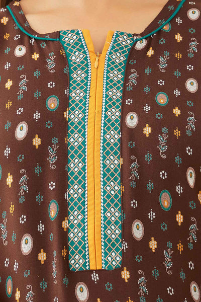 All Over Geometric Print With Contrast Embroidered Yoke Nighty Brown
