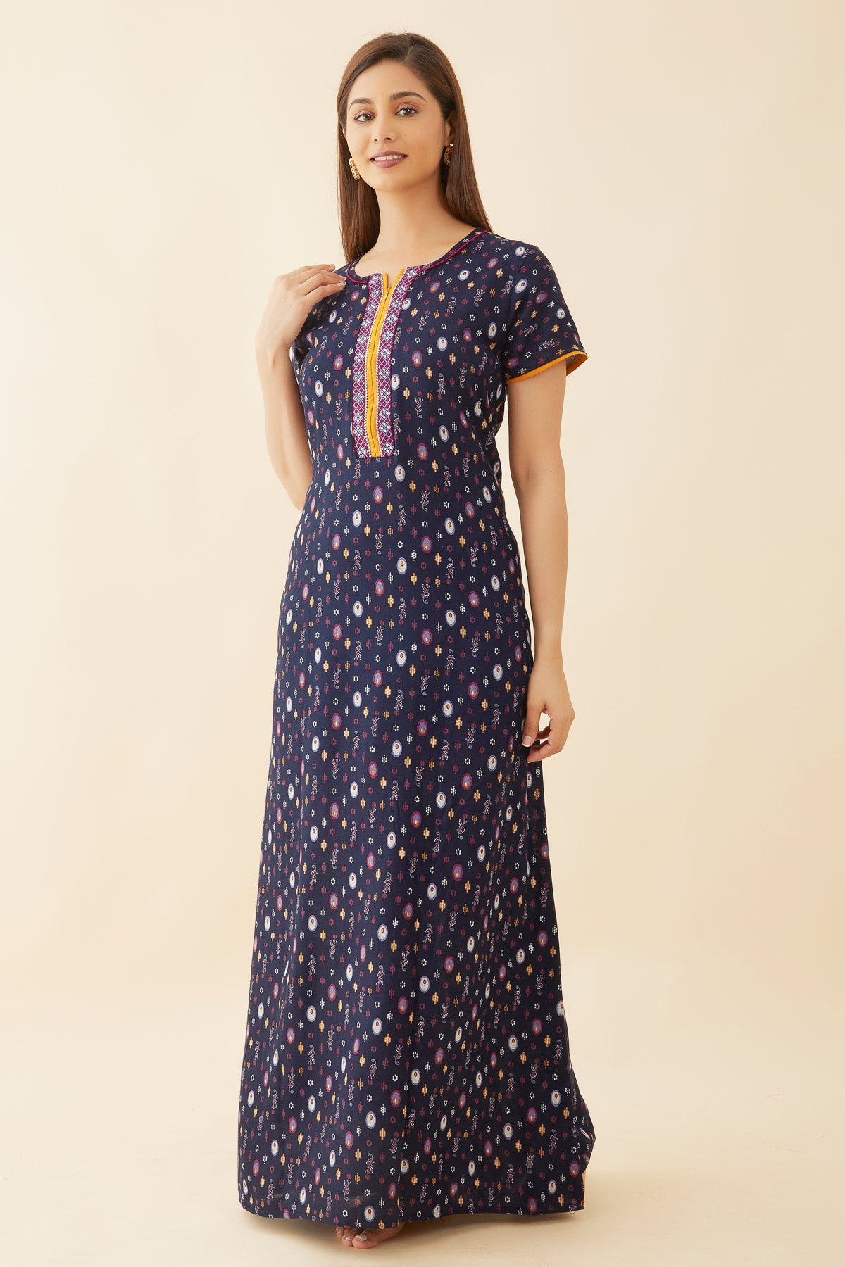 All Over Geometric Print With Contrast Embroidered Yoke Nighty - Navy