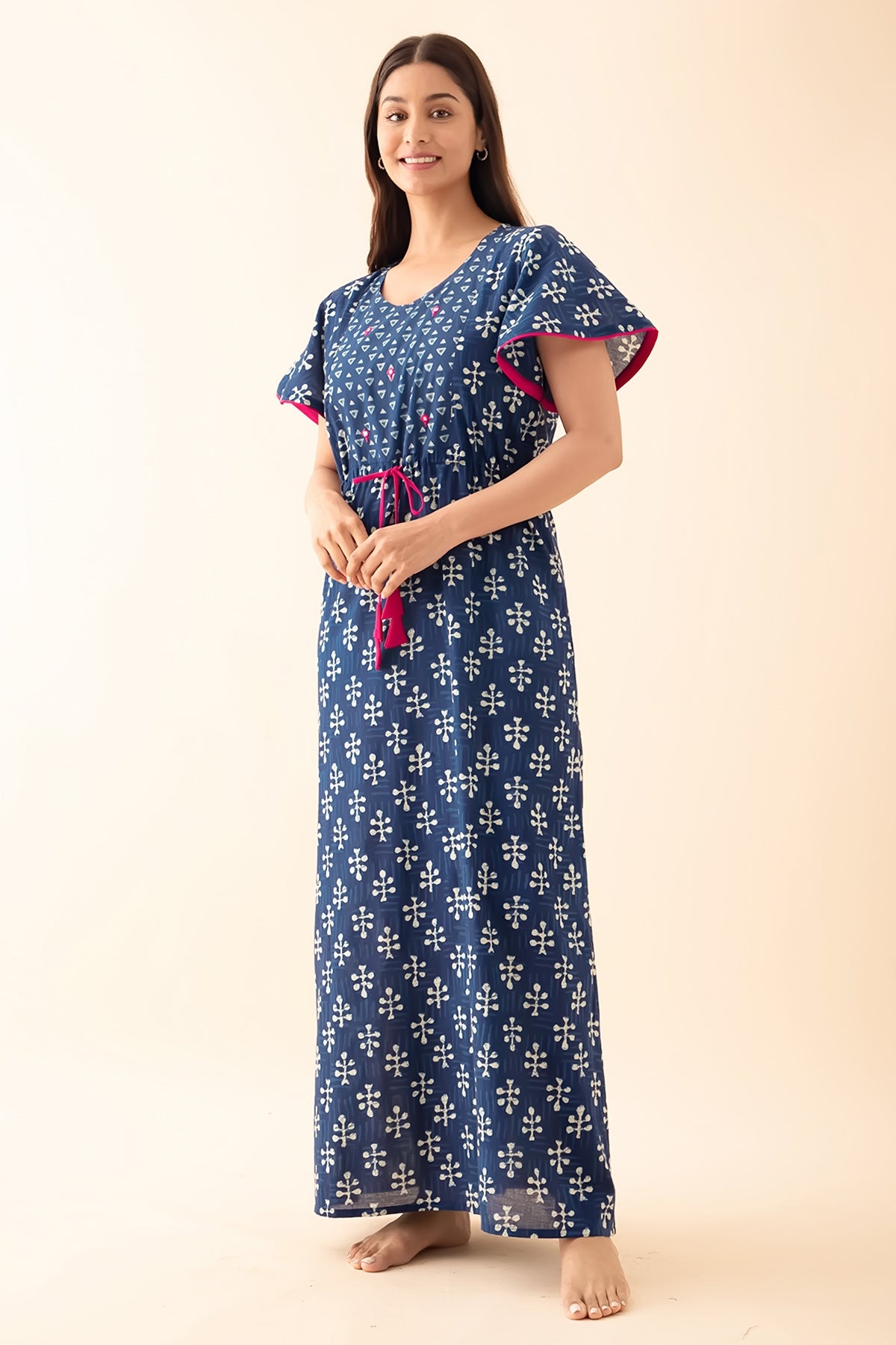 Indigo Printed Nighty with Waist Tie-up - Blue