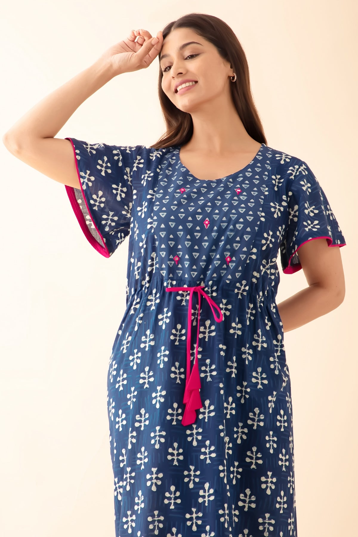 Indigo Printed Nighty with Waist Tie-up - Blue