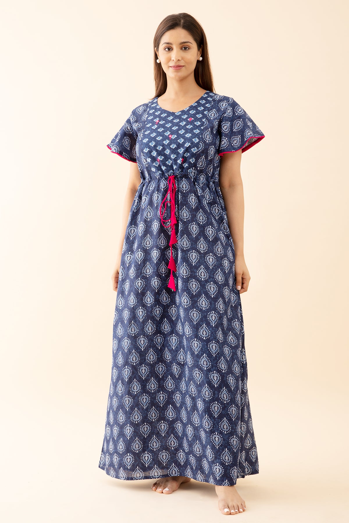 Monochromatic Indigo Printed Nighty with Tie Waist Drawsting - Pink