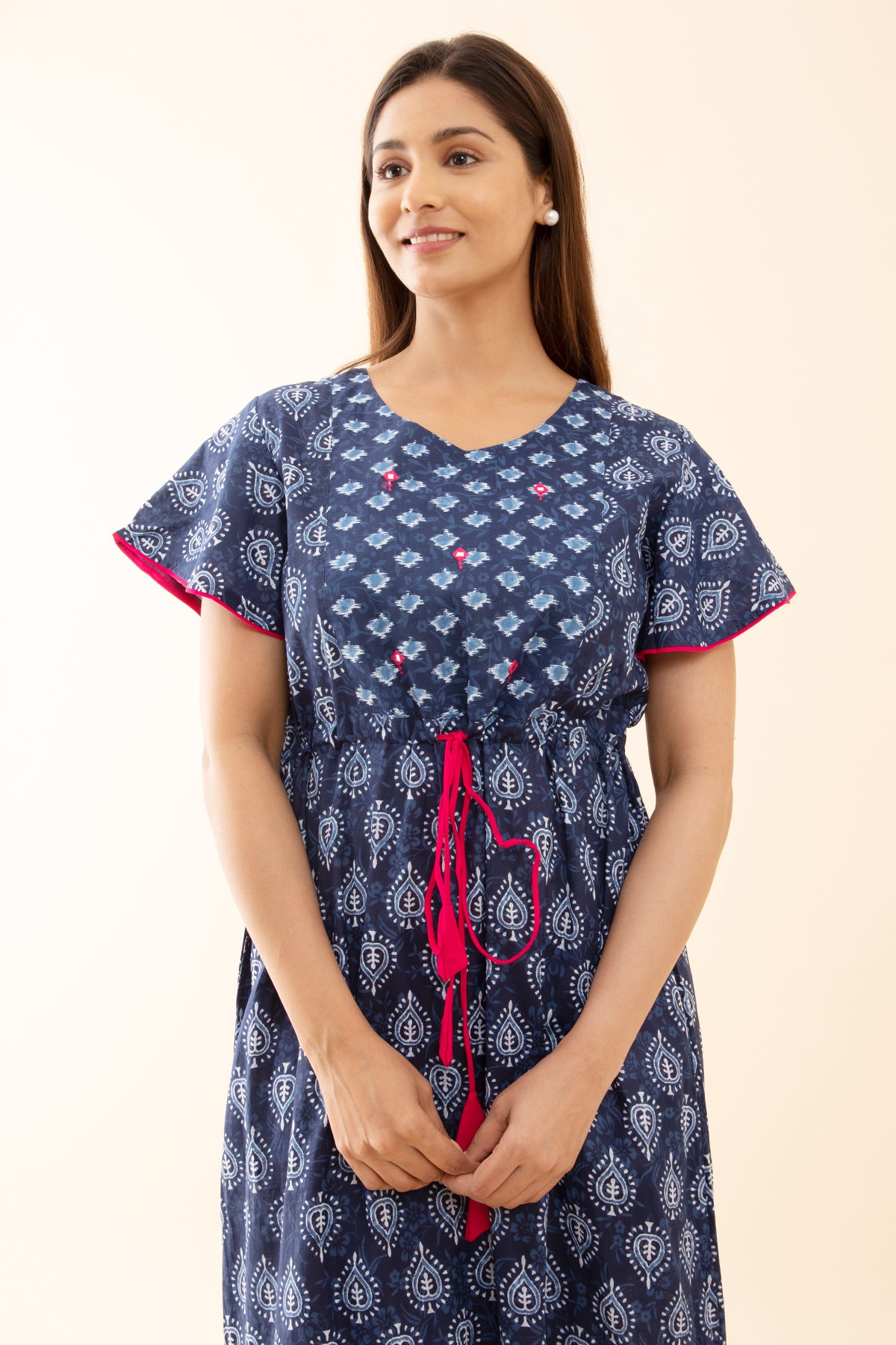 Monochromatic Indigo Printed Nighty with Tie Waist Drawsting - Pink