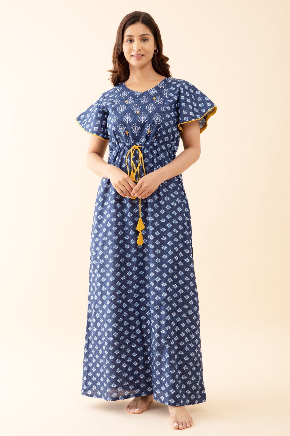 Monochromatic Indigo Printed Nighty with Tie Waist Drawsting - Yellow