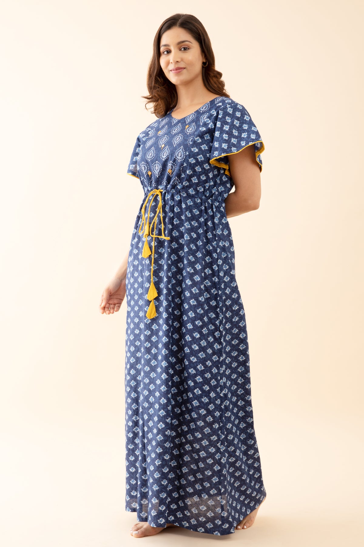 Monochromatic Indigo Printed Nighty with Tie Waist Drawsting - Yellow