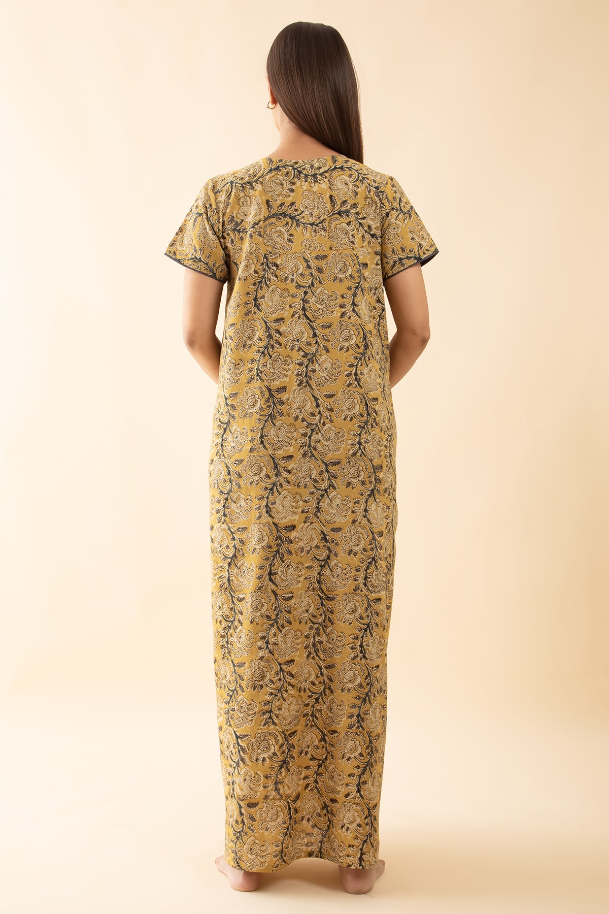 Kalamkari Printed & Embroidered Nighty - Mustard