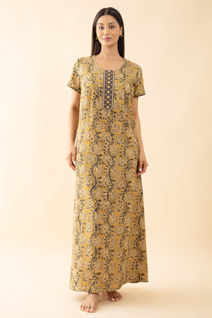 Kalamkari Printed & Embroidered Nighty - Mustard