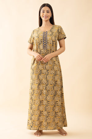 Kalamkari Printed & Embroidered Nighty - Mustard