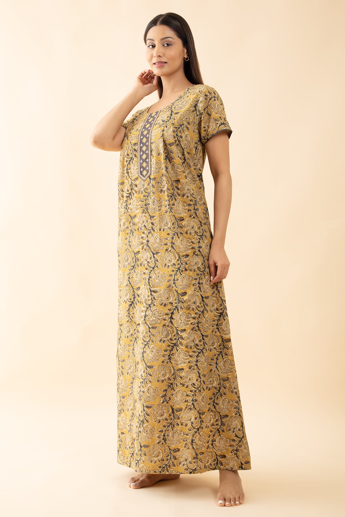 Kalamkari Printed & Embroidered Nighty - Mustard