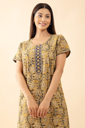 Kalamkari Printed & Embroidered Nighty - Mustard