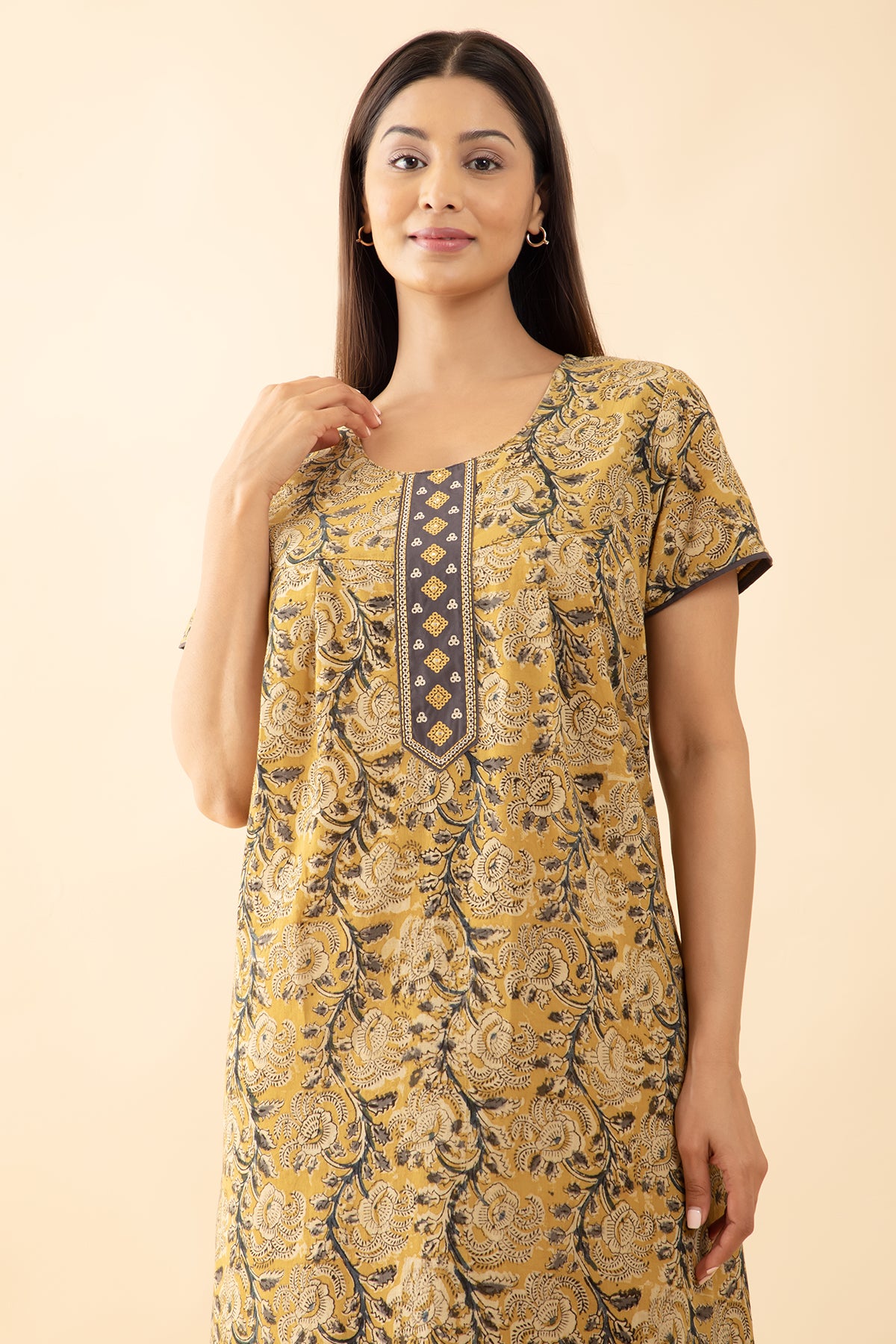 Kalamkari Printed & Embroidered Nighty - Mustard