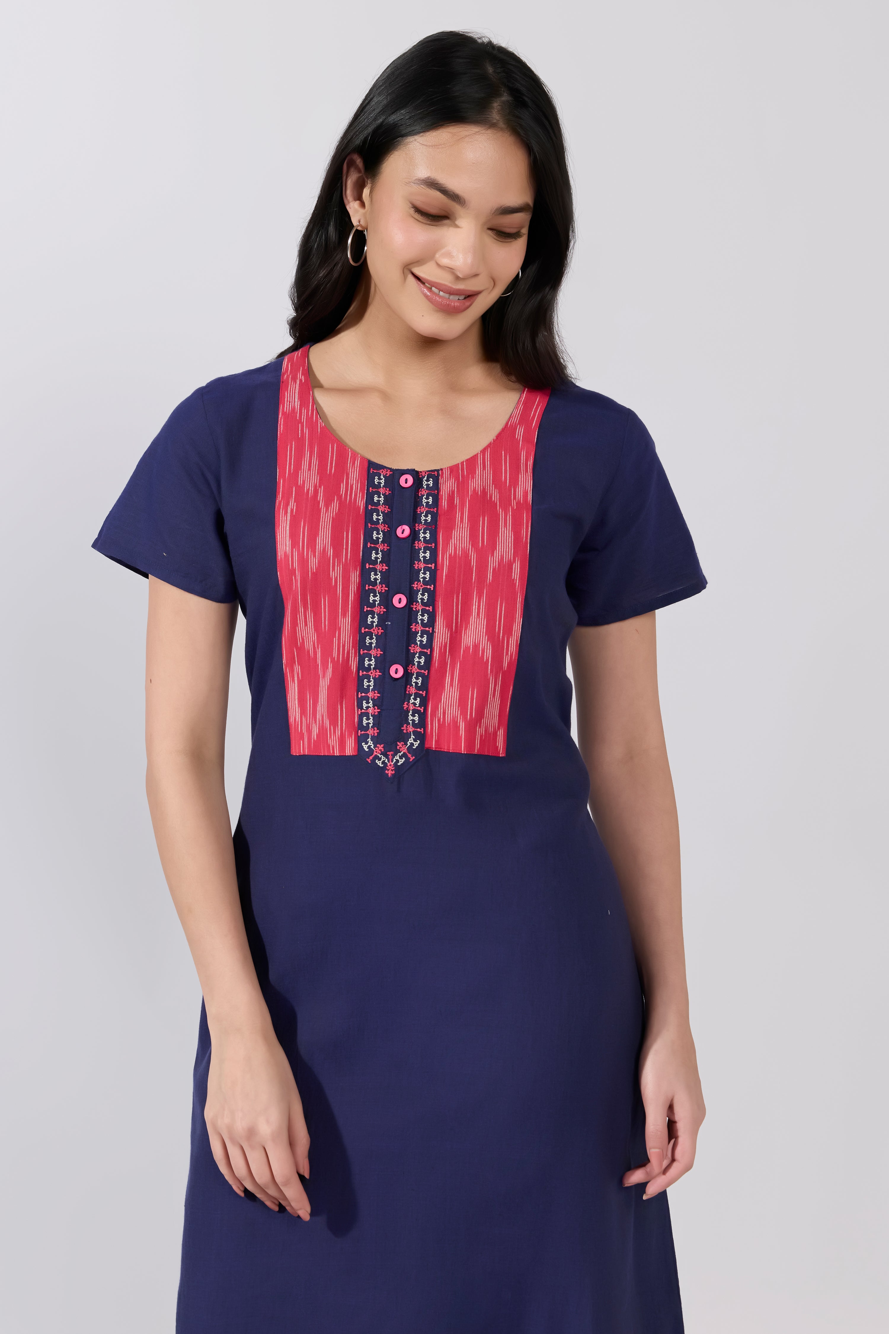 Navy Blue Solid Cotton Nightwear with Ikat Yoke