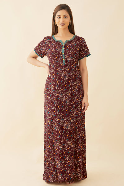 All Over Abstract Print With Contrast Embellished Yoke Nighty - Maroon