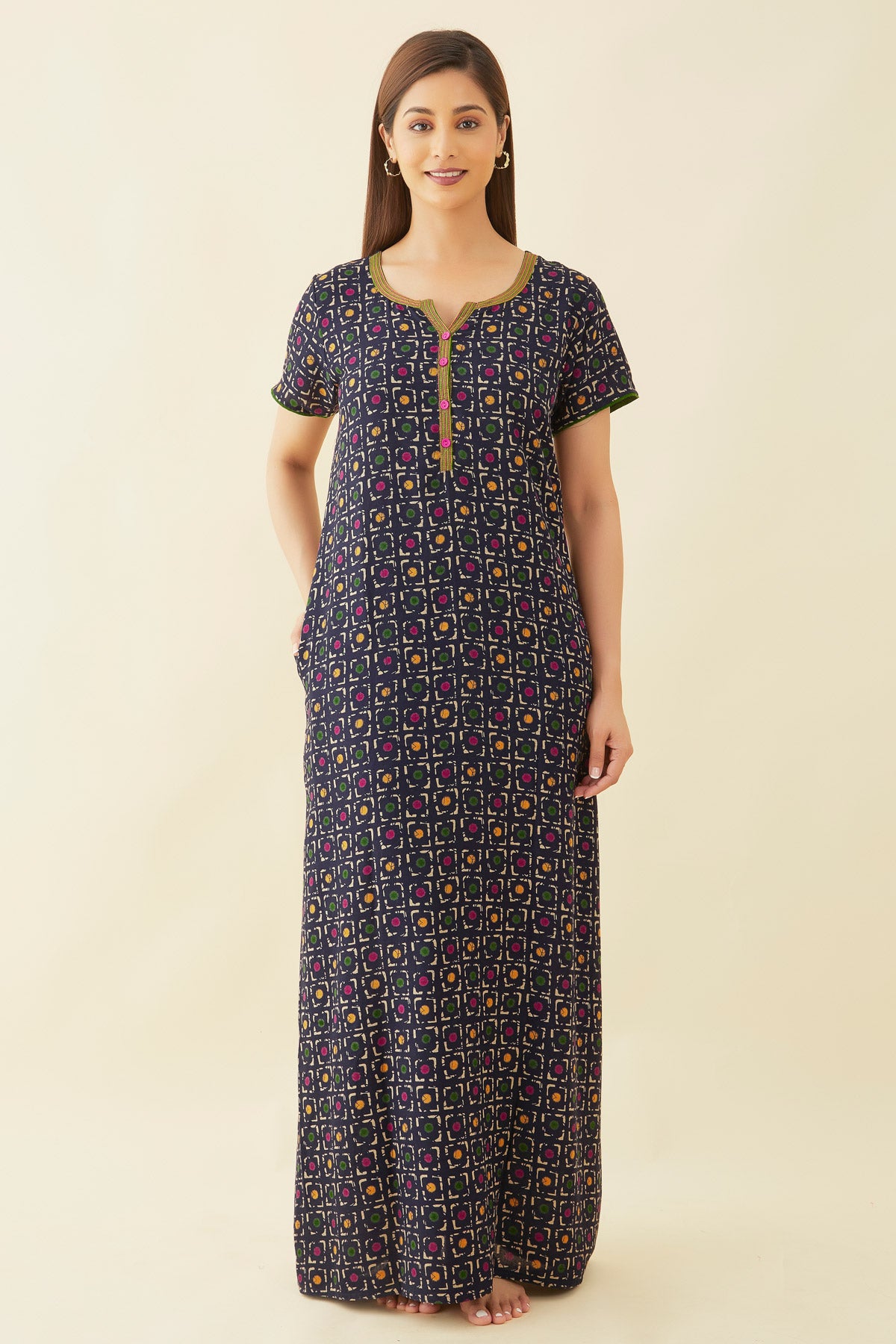 All Over Abstract Print With Contrast Embellished Yoke Nighty - Navy