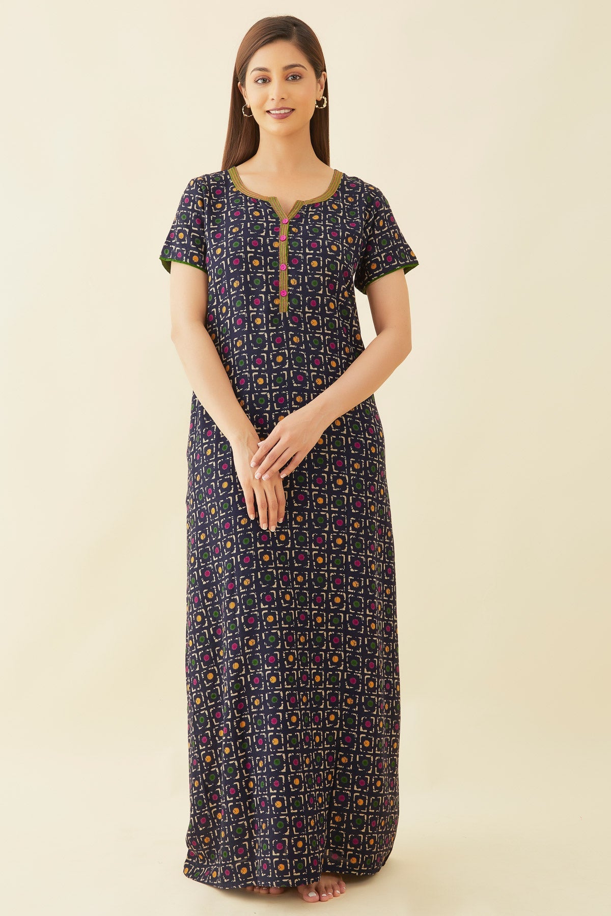 All Over Abstract Print With Contrast Embellished Yoke Nighty - Navy