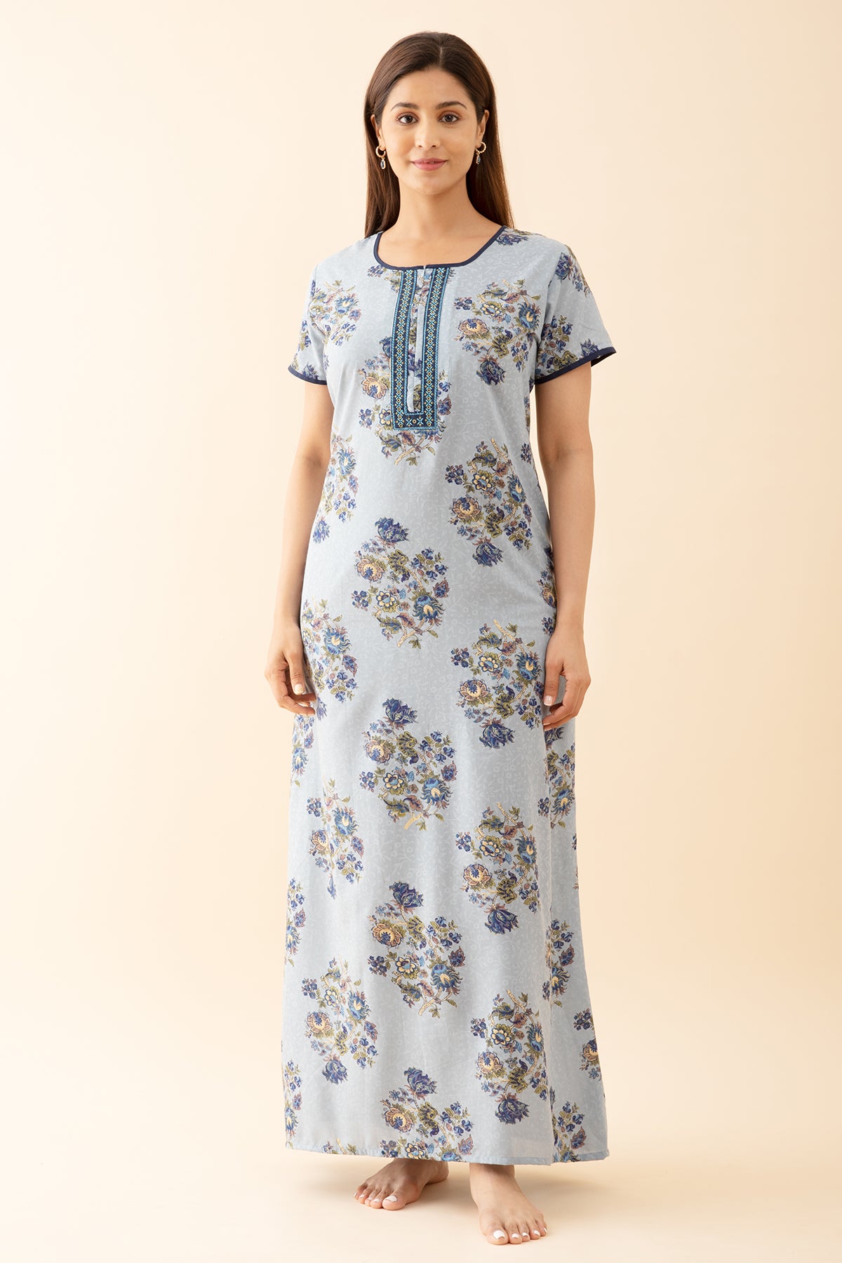 Acanthus Floral Printed Nighty with Embroidered Neckline Blue