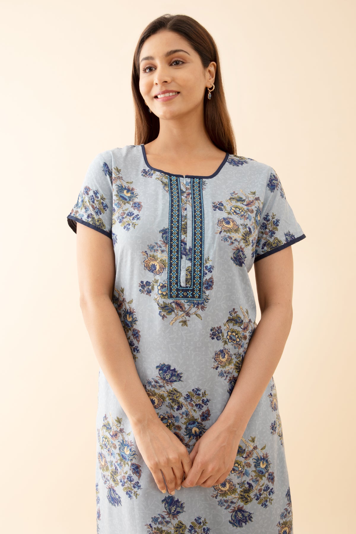 Acanthus Floral Printed Nighty with Embroidered Neckline Blue