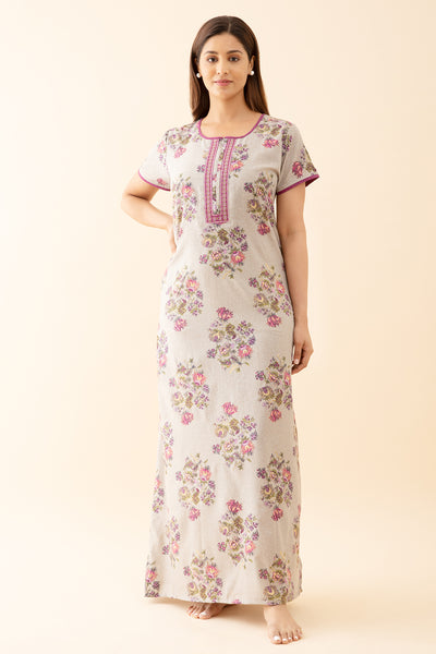 Acanthus Floral Printed Nighty with Embroidered Neckline - Grey
