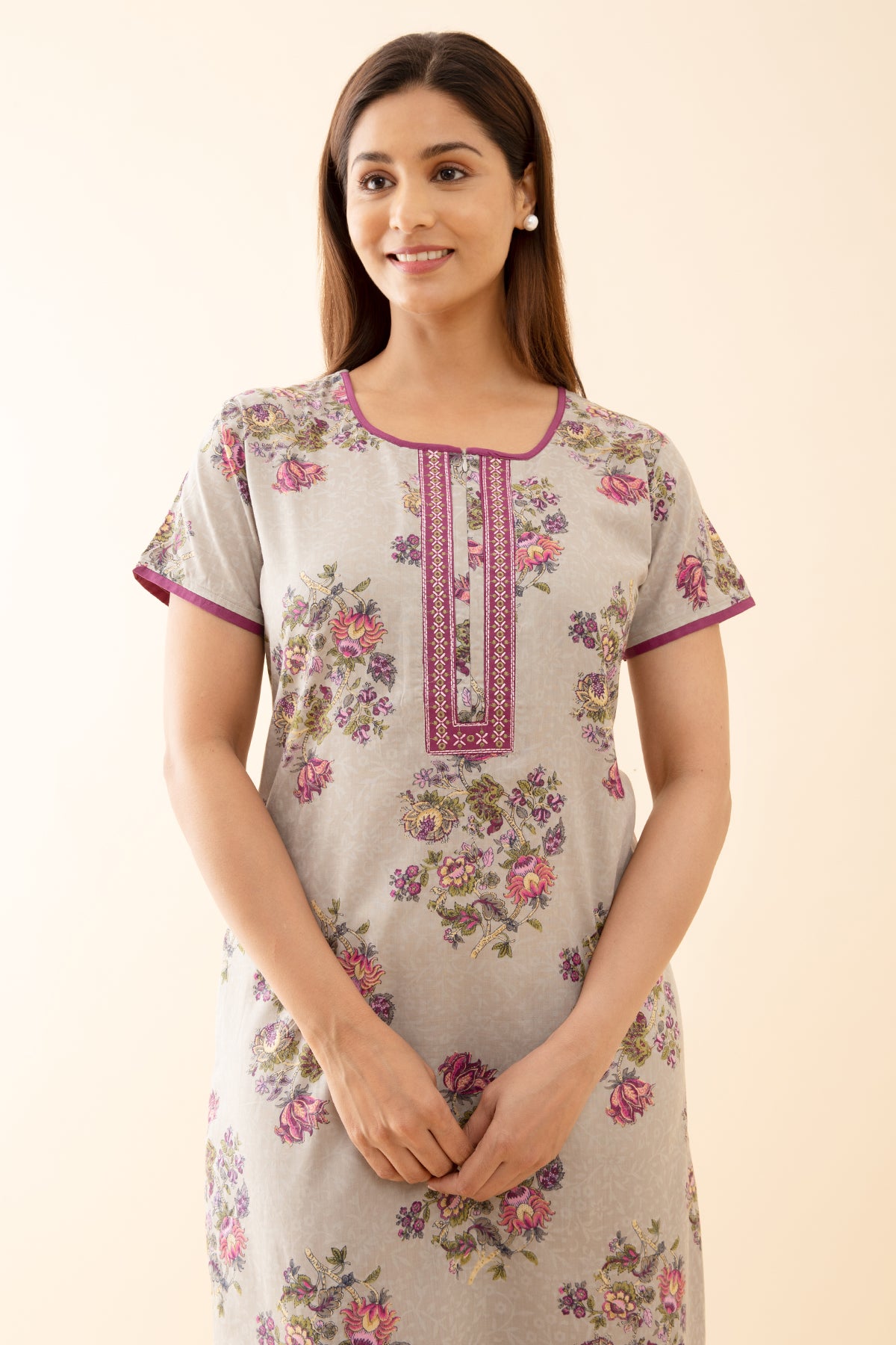 Acanthus Floral Printed Nighty with Embroidered Neckline - Grey