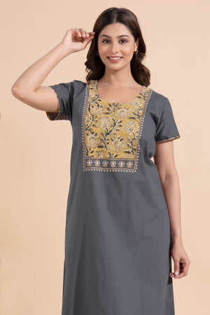 Solid Grey Nighty wtih Kalmakri Printed & Embroidered Yoke