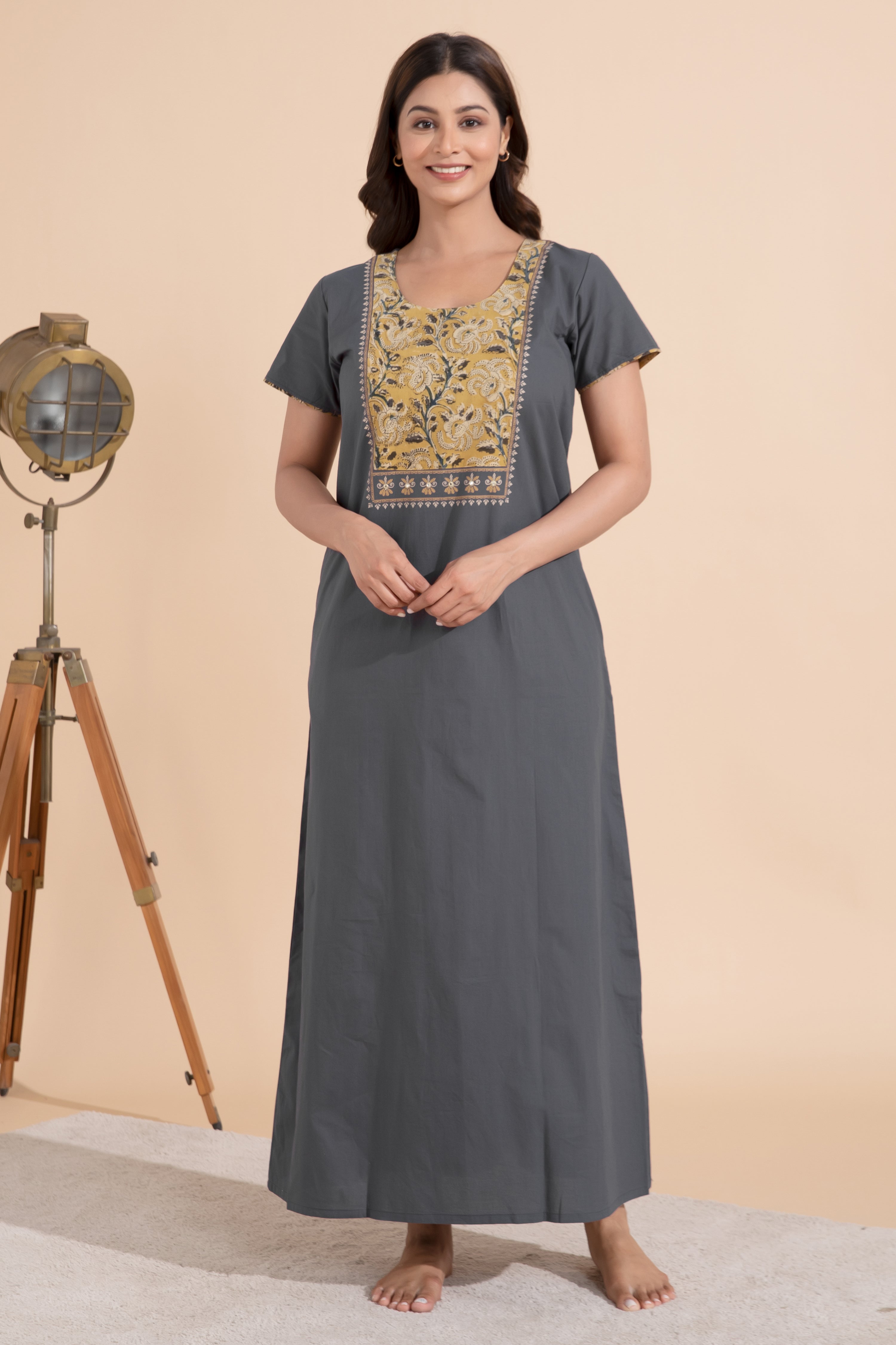 Solid Grey Nighty wtih Kalmakri Printed & Embroidered Yoke