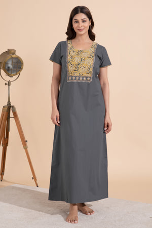 Solid Grey Nighty wtih Kalmakri Printed & Embroidered Yoke
