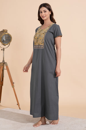 Solid Grey Nighty wtih Kalmakri Printed & Embroidered Yoke