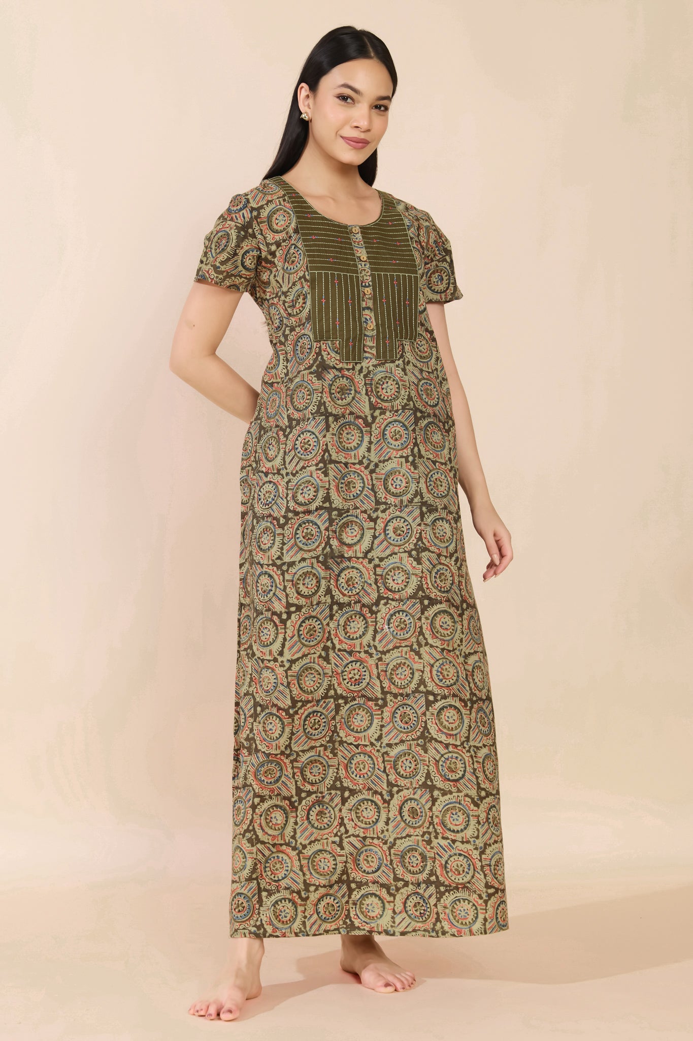 GREEN KALAMKARI COTTON NIGHTWEAR