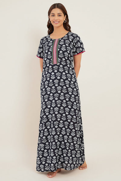 All Over Block Printed With Embroidered Yoke Nighty - Navy