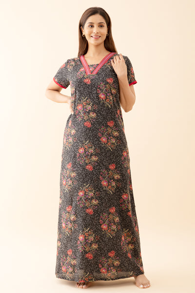 Baroque Floral Printed Nighty with Contrast Embroidered Neckline - Black