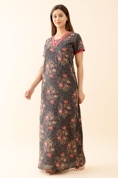 Baroque Floral Printed Nighty with Contrast Embroidered Neckline Black