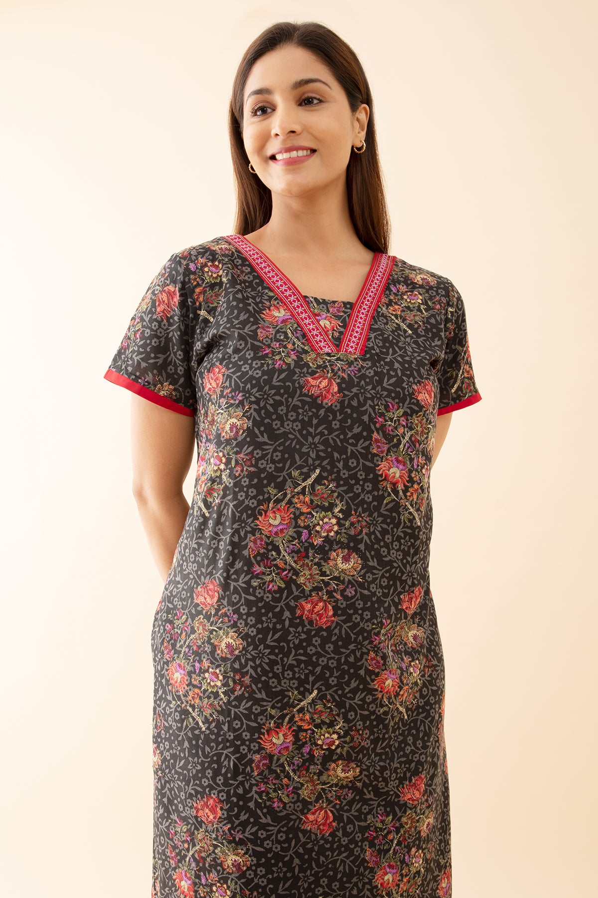 Baroque Floral Printed Nighty with Contrast Embroidered Neckline Black