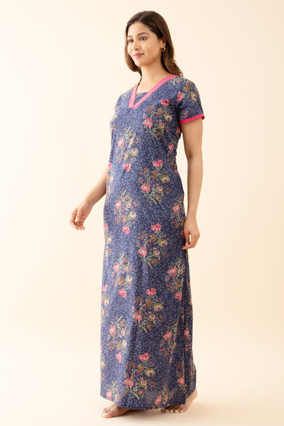 Baroque Floral Printed Nighty with Contrast Embroidered Neckline Blue