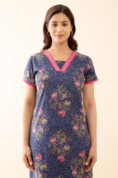 Baroque Floral Printed Nighty with Contrast Embroidered Neckline - Blue