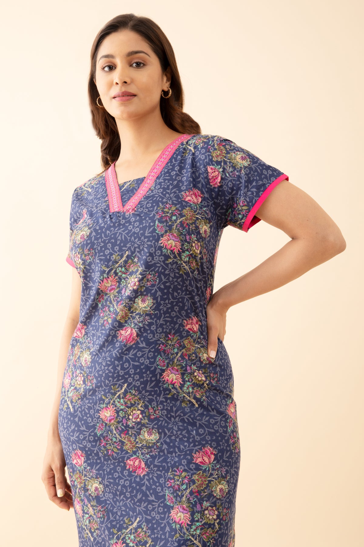 Baroque Floral Printed Nighty with Contrast Embroidered Neckline - Blue