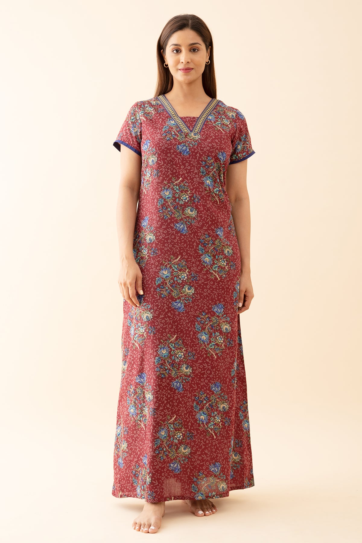 Baroque Floral Printed Nighty with Contrast Embroidered Neckline Maroon