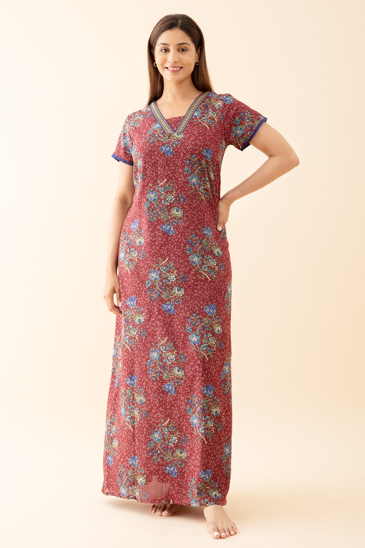 Baroque Floral Printed Nighty with Contrast Embroidered Neckline Maroon