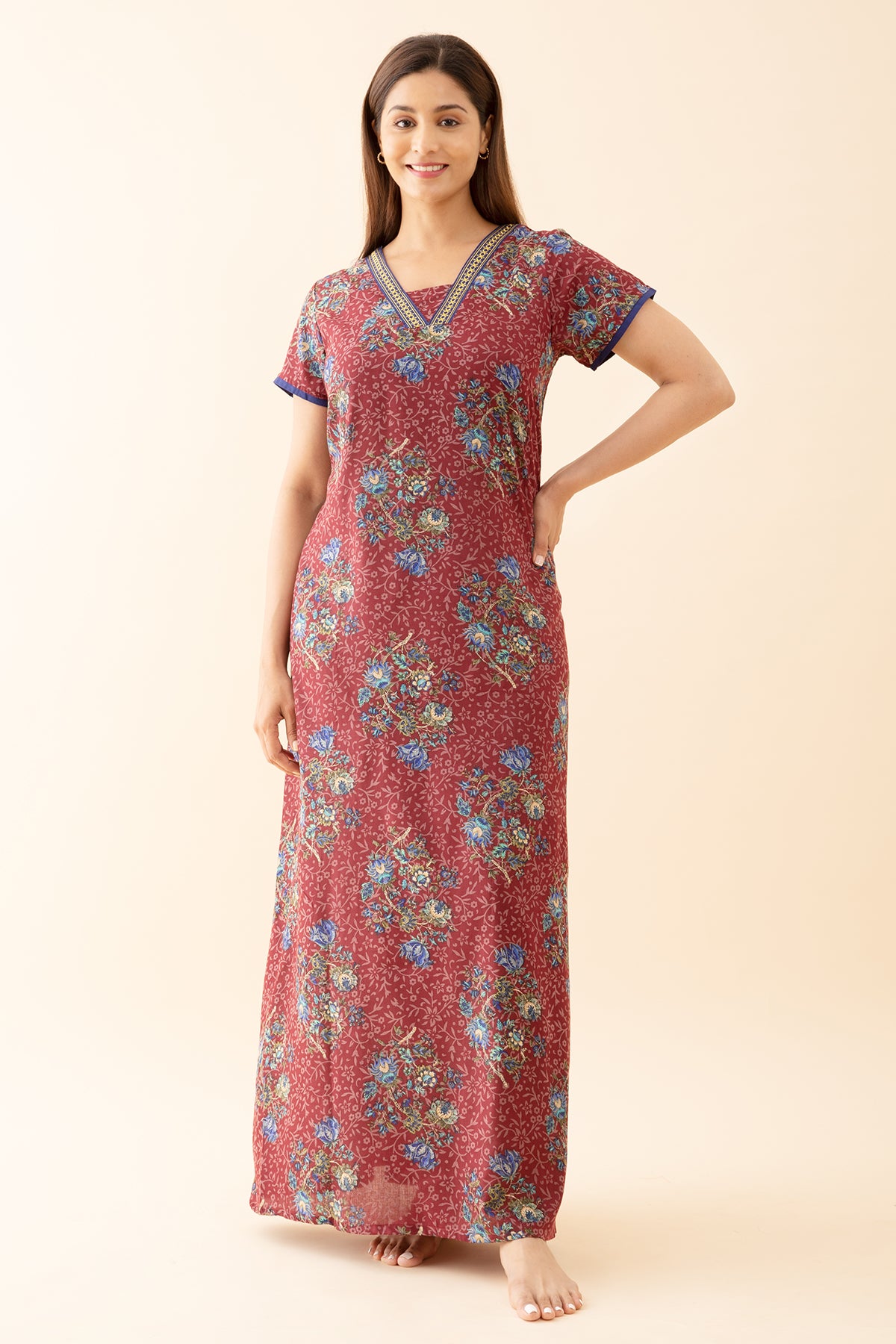 Baroque Floral Printed Nighty with Contrast Embroidered Neckline - Maroon