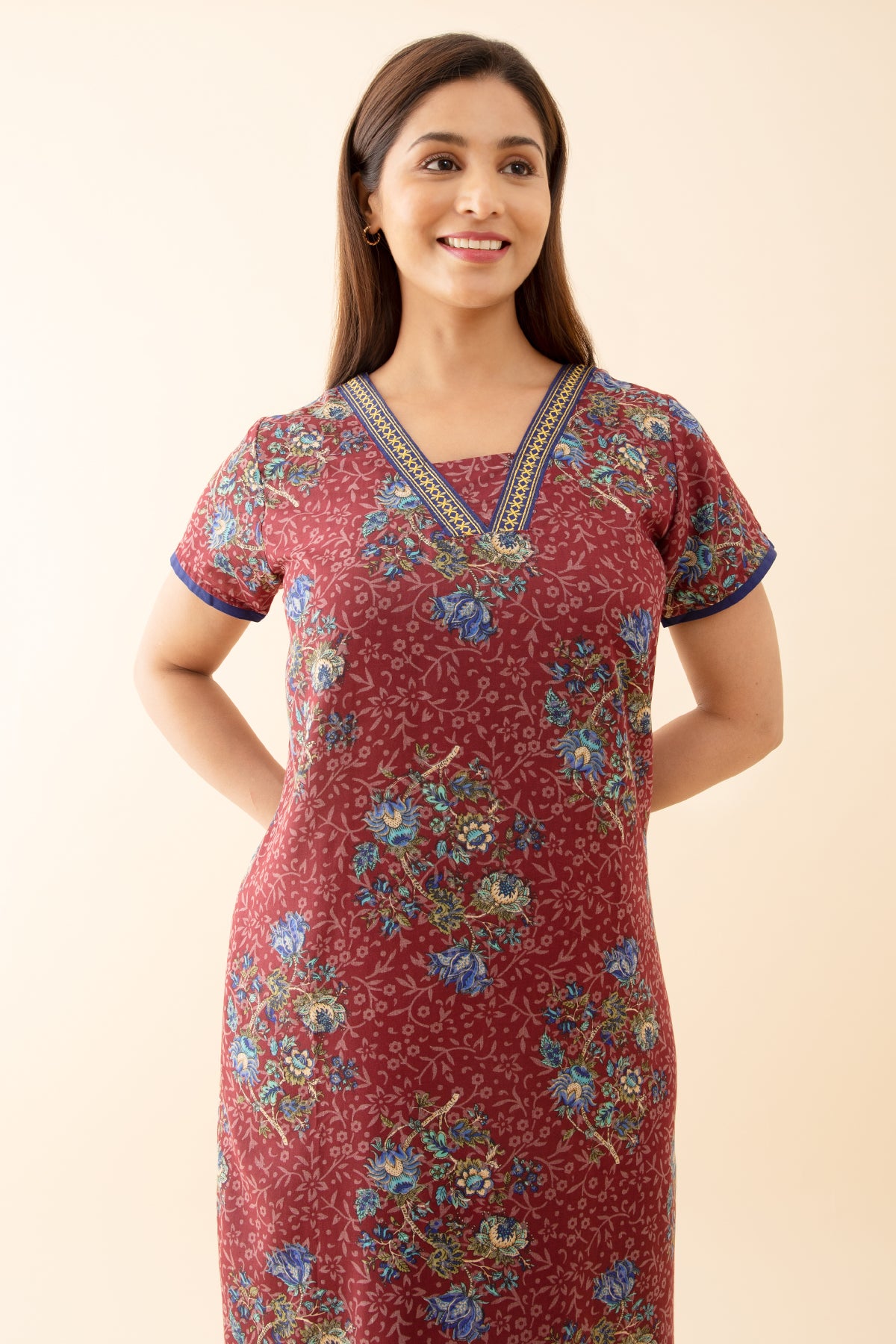 Baroque Floral Printed Nighty with Contrast Embroidered Neckline Maroon