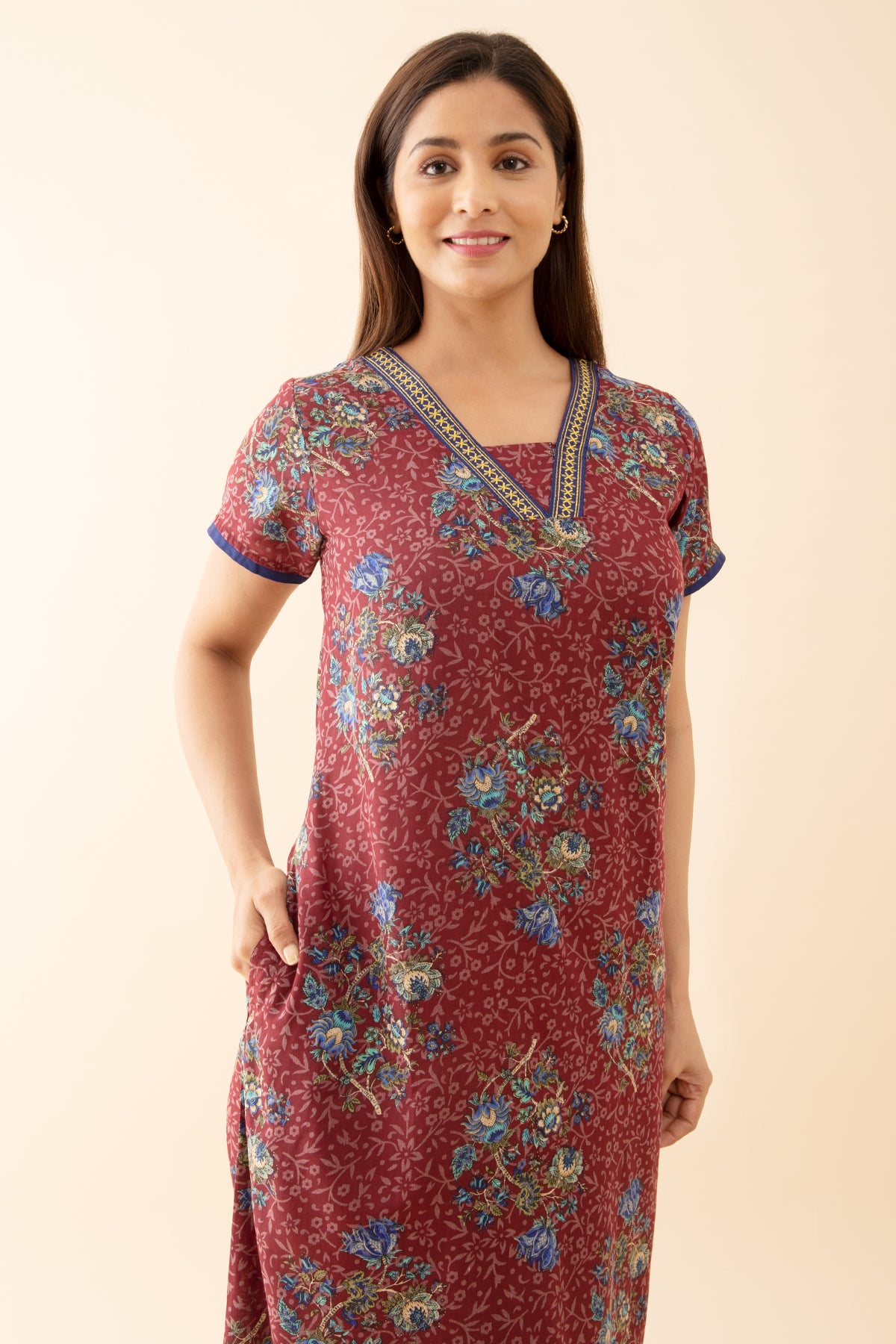 Baroque Floral Printed Nighty with Contrast Embroidered Neckline Maroon