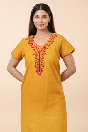 Floral Embroidered Nighty - Mustard