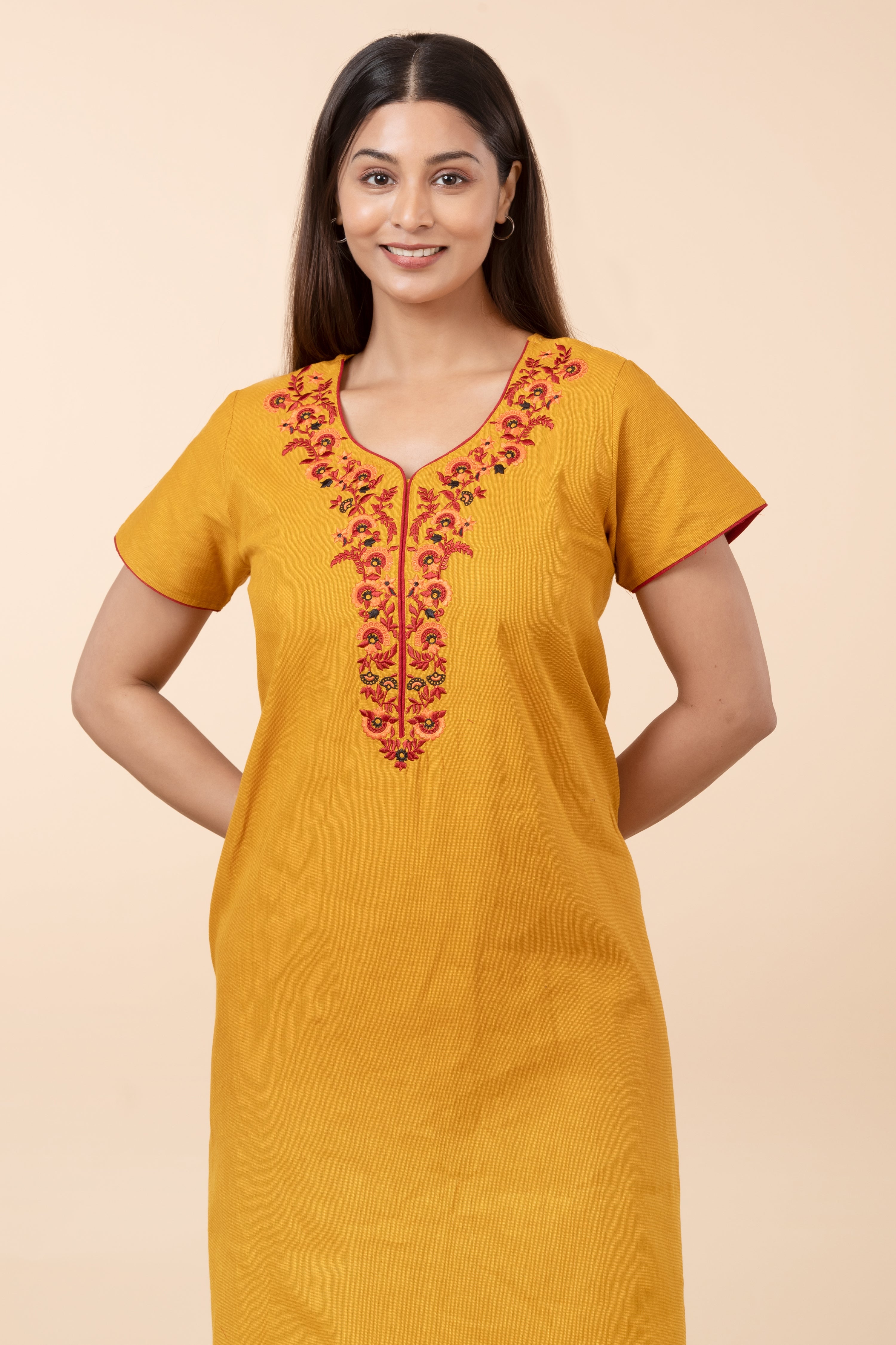 Floral Embroidered Nighty - Mustard