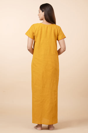 Floral Embroidered Nighty - Mustard