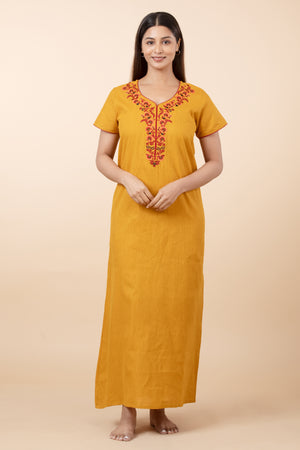 Floral Embroidered Nighty - Mustard