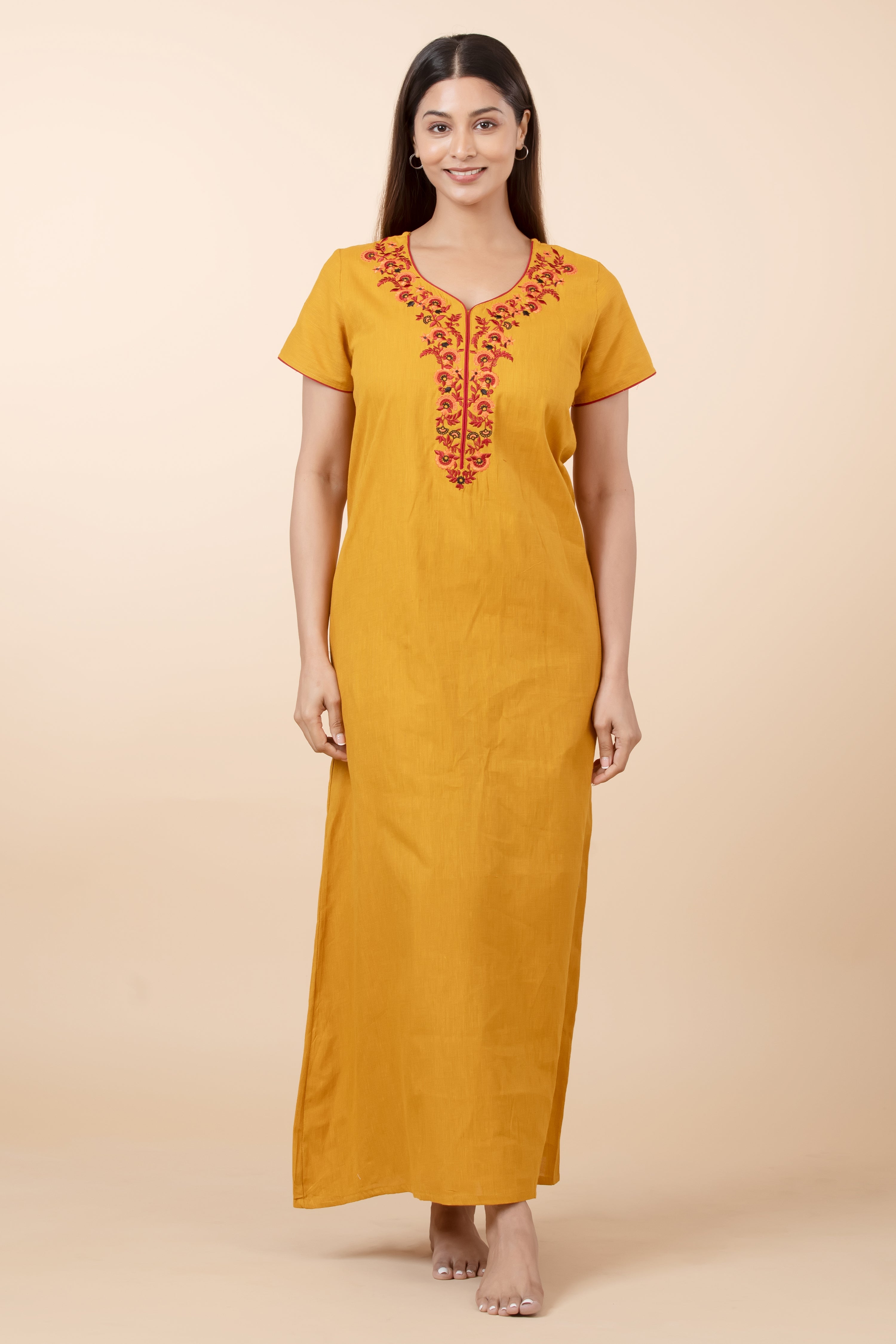 Floral Embroidered Nighty - Mustard