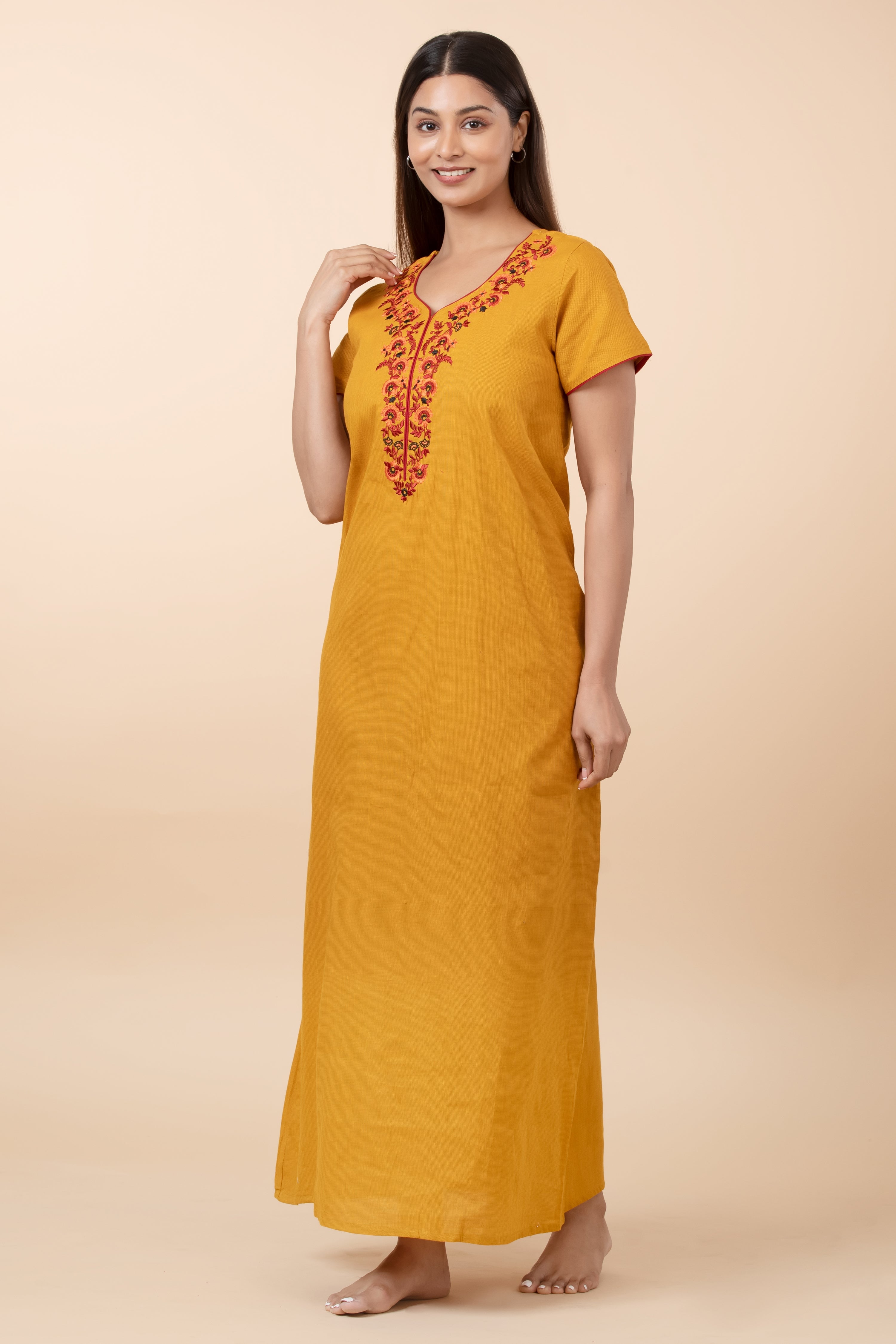 Floral Embroidered Nighty - Mustard